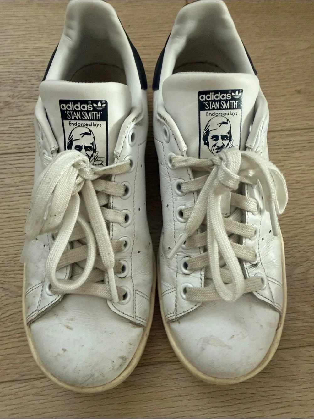 adidas White and Navy Stan Smith Leather Sneakers